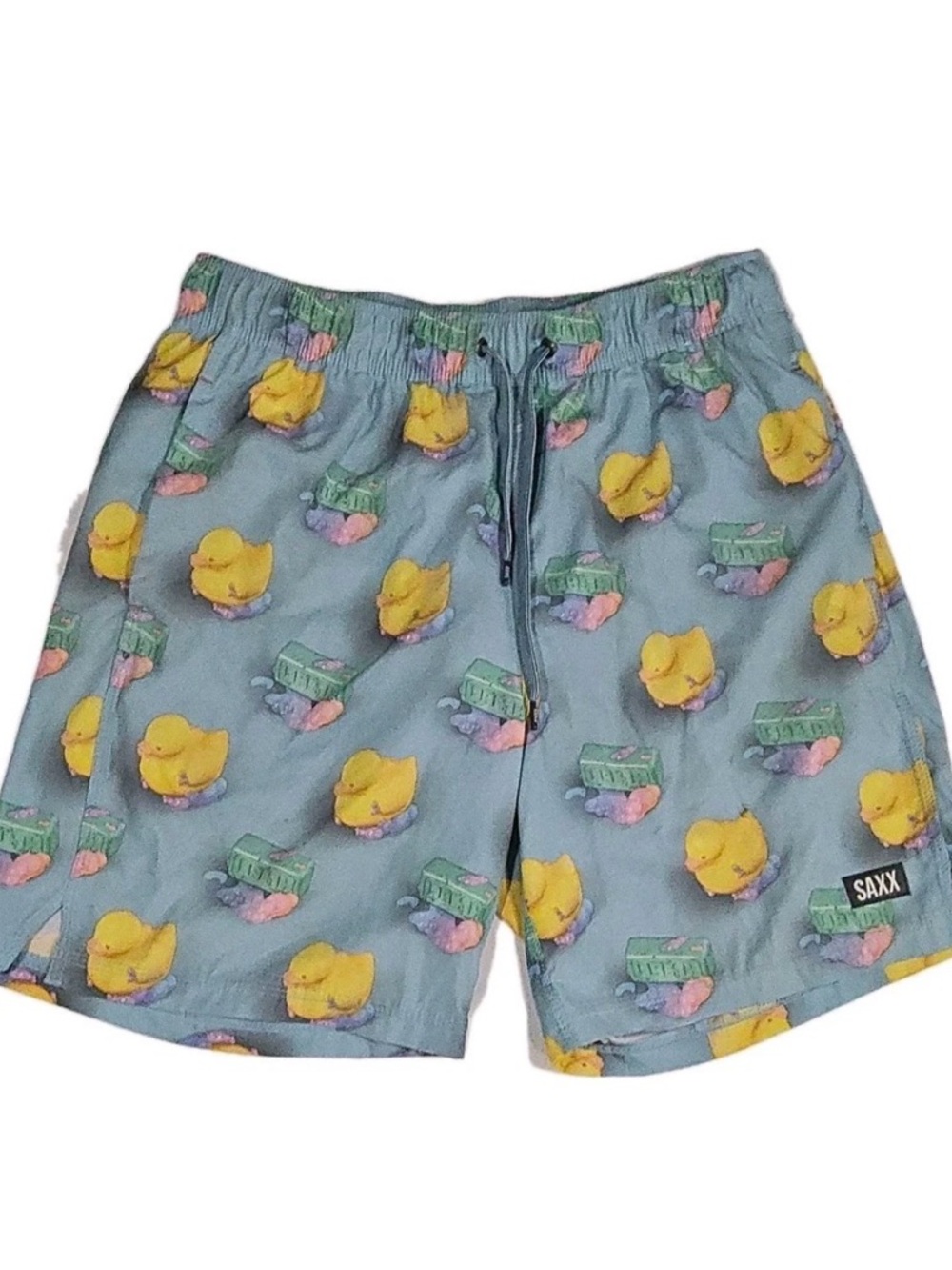 Saxx Light Blue Swim Shorts with Yellow Duck Pattern